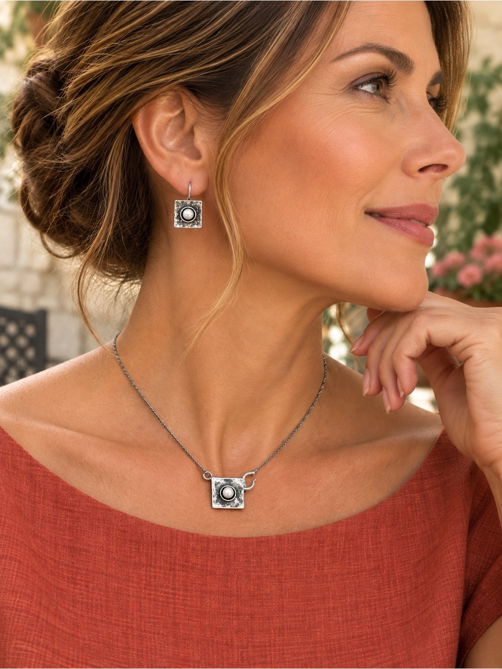 Silpada DIDAE Sterling 2-Dimensional Pearl in a Box w/Hook Necklace/Earring Set